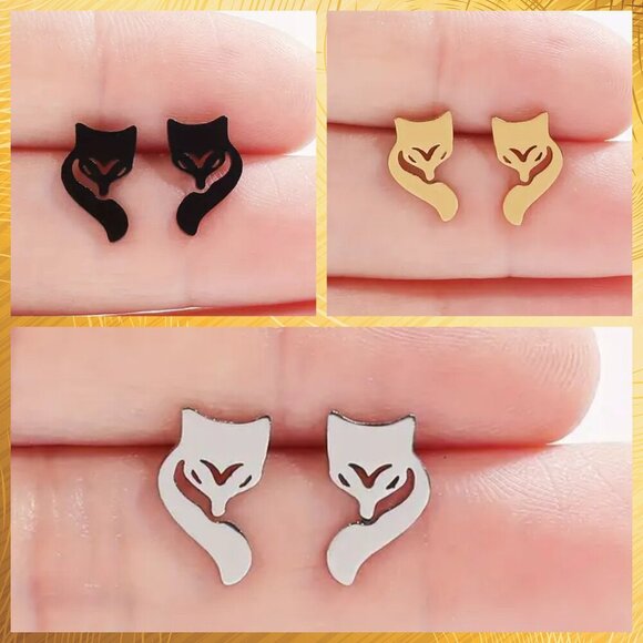 Curled Fox Face Stainless Steel Stud Earrings #1485 - Picture 1 of 8